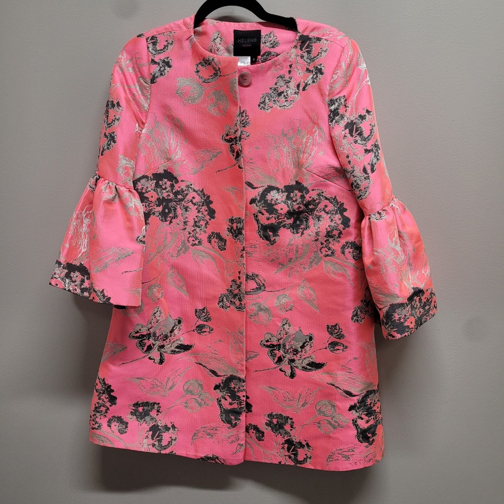 Helene London Pink Floral Brocade Bell Sleeve Coat Womens Small Made in England